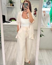 Women  s Cream Lounge Set   Wide Leg Pants  Lightweight Top   SizeS Flow 