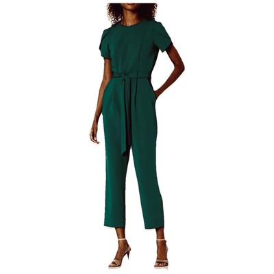 Calvin Klein Green Puff Sleeve Belt Stretch Wide Leg Crop Jumpsuit 12 Pockets
