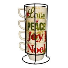 PIER 1 Glad Tidings Stackable Porcelain Mugs & Metal Holder Love Peace Joy Noel