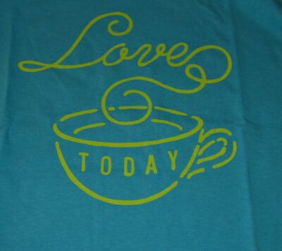 Large NWT Women's Life is Good Love Today Tea Cup Blue SS Crusher Tee