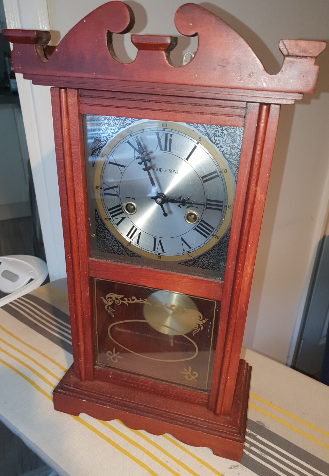 C. Wood and Son Mantelpiece Wooden vintage clock with pendulum and key