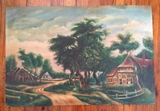 VTG Painting Primitive Outsider Folk Art Landscape 28" X 19.5" on Board