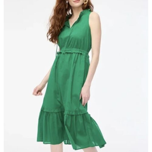 J. Crew Factory Tie Front Sleeveless Tiered Midi Dress Green 0P Summer NWT