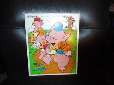 VINTAGE WOODEN PLAYSKOOL PUZZLE THREE LITTLE PIGS 9 PIECES #190-15
