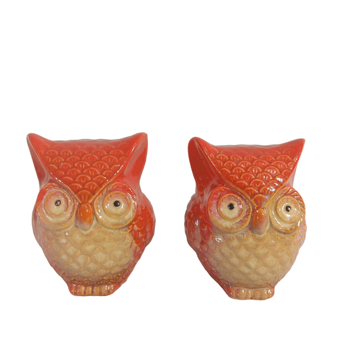 Vintage Glazed Ceramic Orange Owl Figurine Tall Set Decor