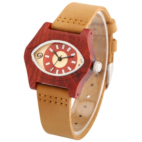 Novel Eye Shape Design Watch Lady Women Wooden Quartz Wristwatch Leather Band - Picture 6 of 9