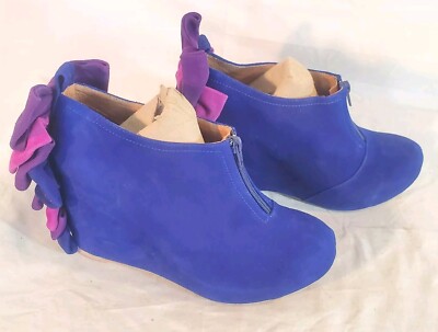 *Jeffrey Campbell Women's 10 Royal Blue Suede Back Bows Ankle Wedge Boots  New