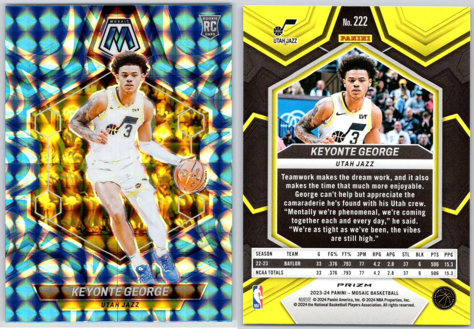 2023-24 Panini Mosaic Blue Reactive Prizm #222 Keyonte George RC Utah Jazz