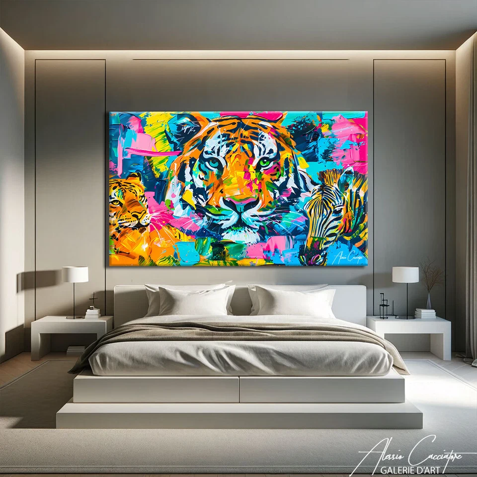 Impresión de arte de tigre colorida decoración de pared arte pop grande pintura animal lienzo pared Foto 4 de 4
