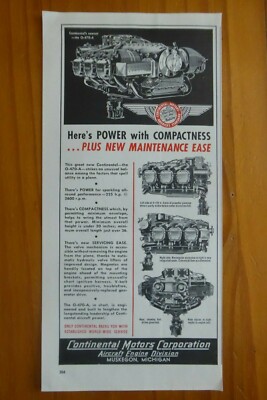 4/1953 PUB CONTINENTAL MOTORS 0-470A FLUGZEUG MOTOR ORIGINAL ANZEIGE