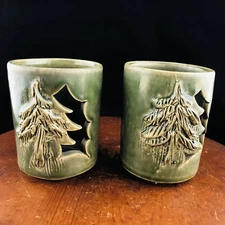 2 St John Pottery Tea Light Candle Holder Cups Pine Trees Cabin Decor Green 3.5"