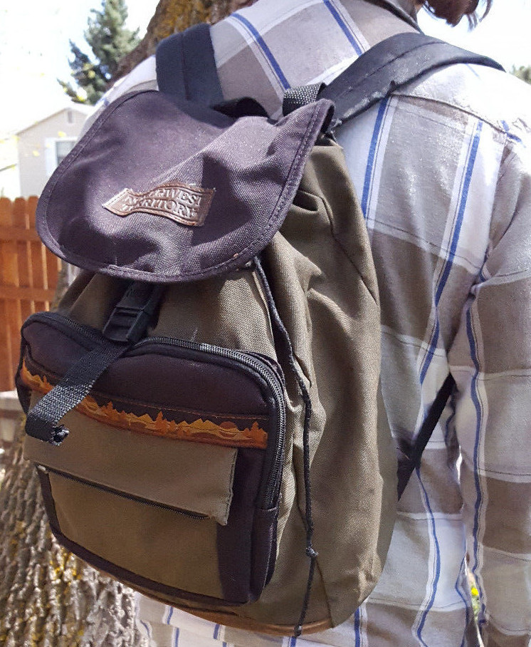 Vtg Northwest Territory Backpack-Leather Strip-Green-Pockets  display picture 2