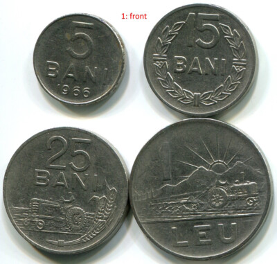 Romania 1966, 5 bani + 15 bani + 25 Bani + 1 Leu, lot of 4 vintage coins. C169