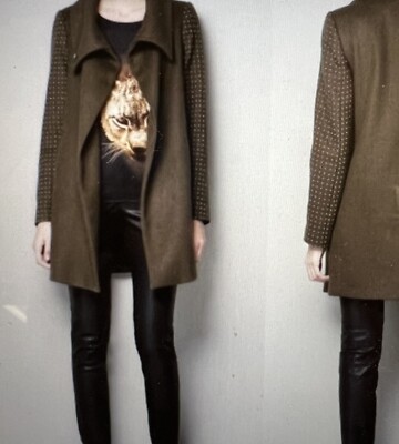 Zara Woman Coat Olive Green Funnel Neck Studded Sleeves Wool M READ