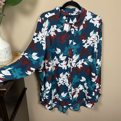 Lane Bryant Womens Floral Emerald Green Long Sleeve Button Up Collar Shirt  NWT | eBay