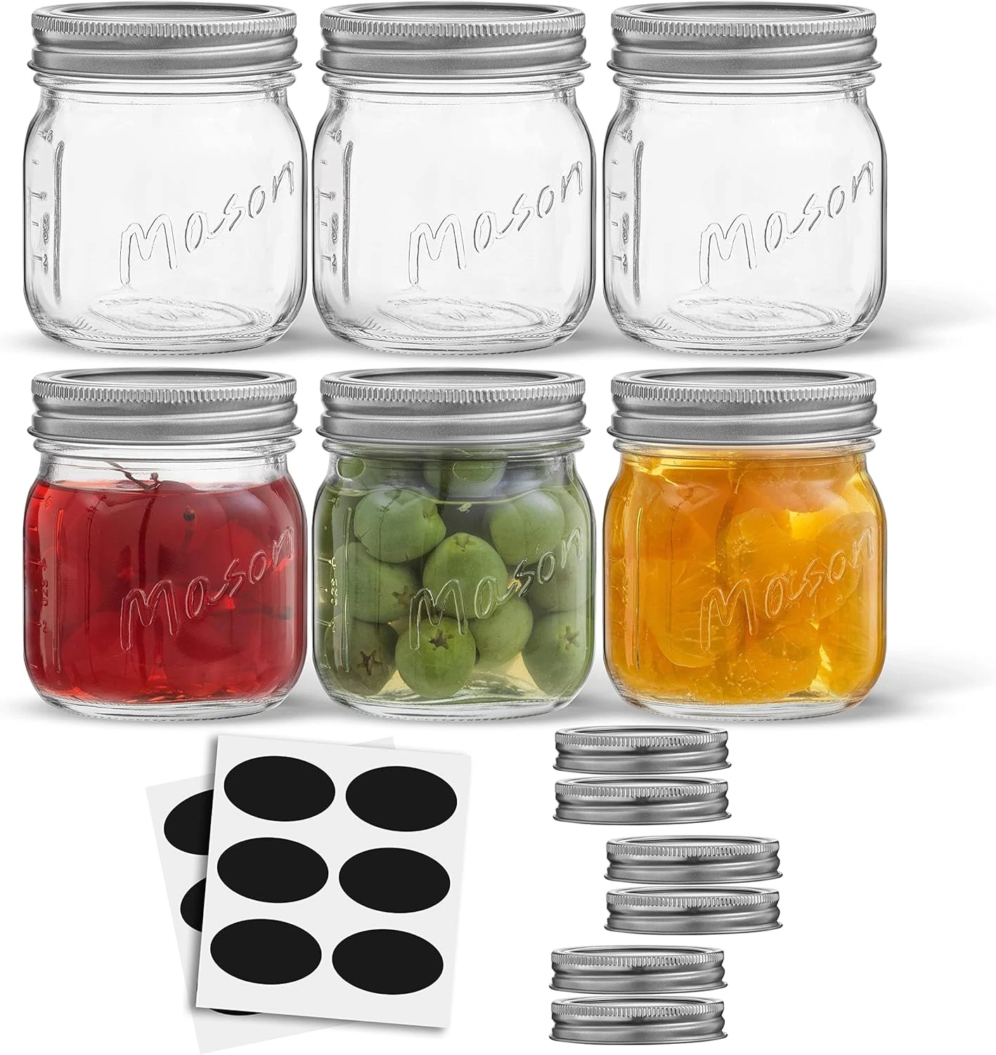 Joyjolt 8 Oz Mason Jars with Lids, Labels and Measures! 6-Pack Regular Mouth Mas