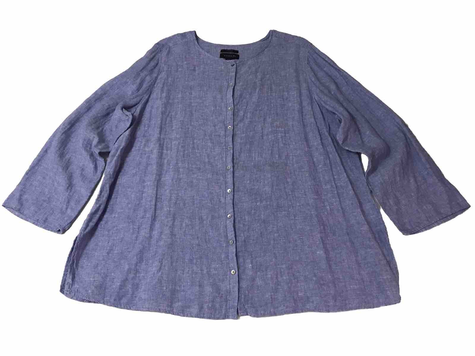 Tahari Linen Button Tunic Shirt Women 3X Violet Blue Boho Coastal Preppy Indie