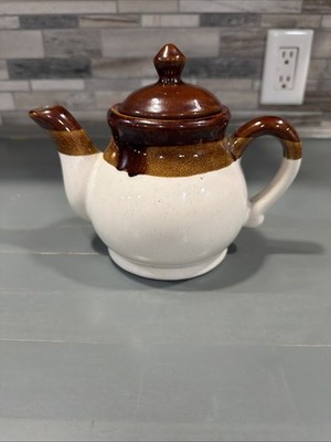 Vintage Teapot With Lid  Ceramic Stoneware Brown Tan Beige 6'' x 7''  