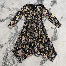 Tahari Dress Womens Sz 6 Black Floral Midi Pleated Long Sleeve Fit Flare Flowy