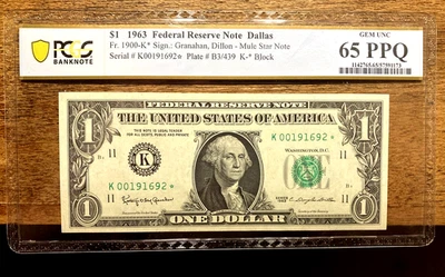 1963* $1 Federal Reserve Mule Star Note Fr. 1900-K, PCGS GEM 65 PPQ!! NICE NOTE! - Image 1 of 2