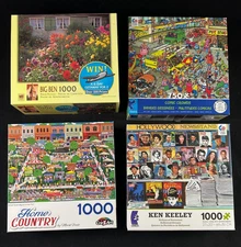Lot of 4 Puzzles (3) 1000 & (1) 750 Pc Summer Fair Comic Crowds Newsstand Flower