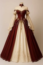 Burgundy Off Shoulder Long Sleeved Vintage Victorian Ball Gown Lace Print Corset