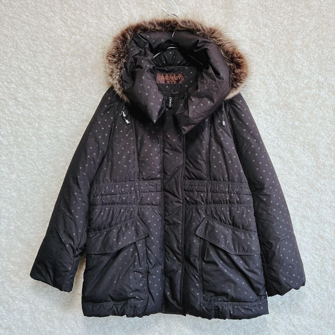 Balmain Down Coat with Fur Dot Pattern Black, War… - image 1