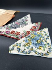 Vintage Hankie Irish Linen Floral Set Of 3 Hand Rolled 12 X 12 Original Box