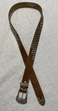 Vintage Hand Made Brown Leather Belt Floral Silver Tone Brads Buckle 34-36