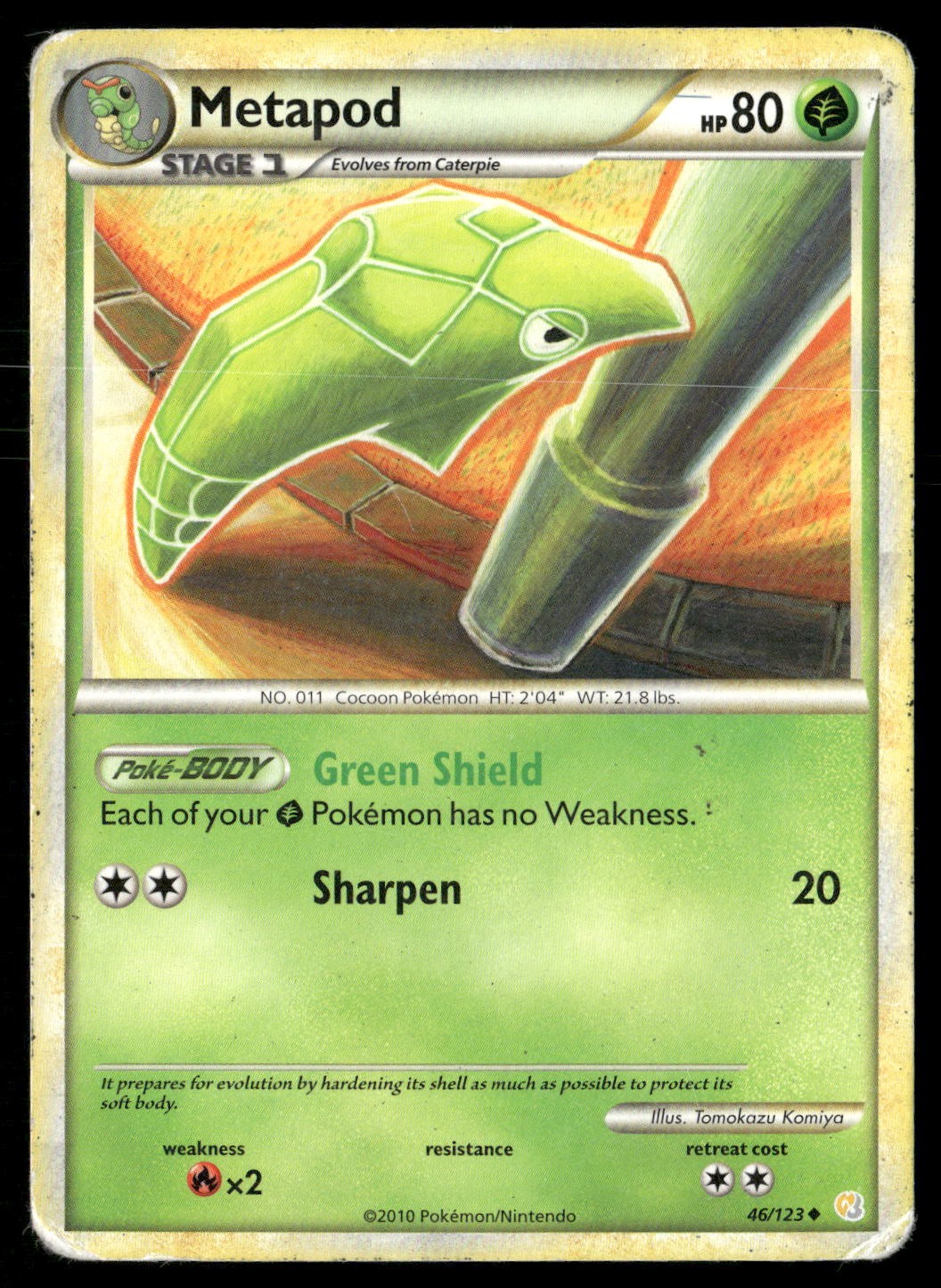 Metapod 46/123 Uncommon HeartGold & SoulSilver Pokemon Damaged