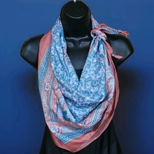 AVON Coral & Blue Scarf Bandana Print Silky Vintage Floral 35" X 35"