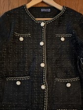 NWT Women s Tweed Jacket Blazer Black W/Gold Trimmings Pearl Decorative Buttons.
