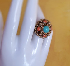 Antique Coral Turquoise Cabochon Ring Chinese sterling filigree gilded gold