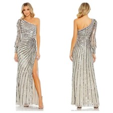 Mac Duggal Platinum Nude Striped Sequin One Shoulder Evening Gown Size 6 598