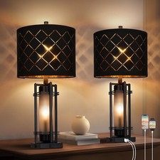 Modern Table Lamp Set of 2, Nightstand Lamps with Black Grid Shade, Bedside Lamp
