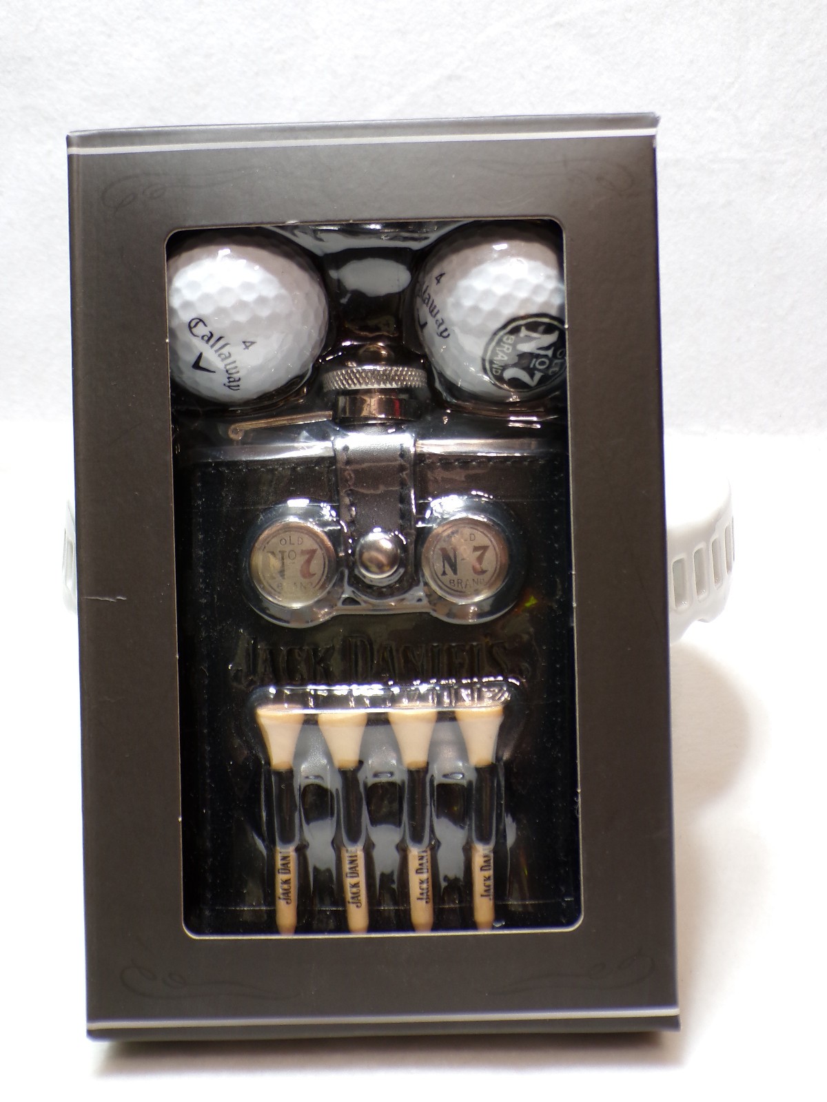 Jack Daniels Leather Wrapped Stainless Steel Flask W/Golf Balls & Tees. NIB