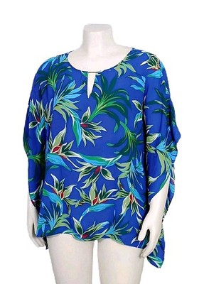 Jaclyn Smith Blouse 1X 2X Blue Green Tropical Leaf Keyhole Kimono Sleeve Shirt