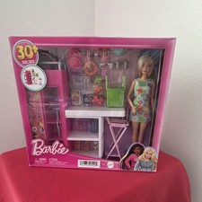 Barbie Doll Playset Kitchen Set with Accessories, Refrigerator, 30 Pieces