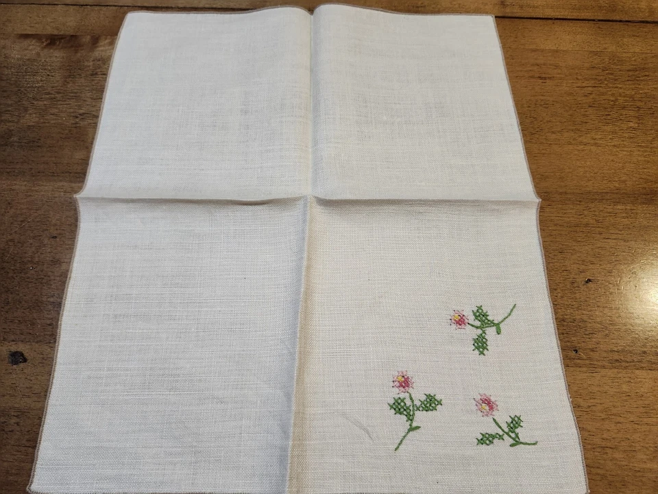 Vintage Thick Squared Linen Cross-Stitch Flower Napkin CRAFTING OR SEWING... - Image 3 of 4