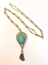 Vtg Alice Caviness Turquoise Glass Rhinestones Hearts Dangles Necklace Brooch