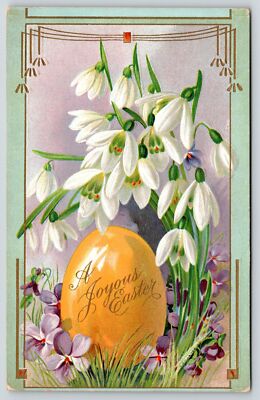 Easter~Snowdrop Lilies Over Giant Yellow Egg in Violets & Grass~Embossed 1912 PC