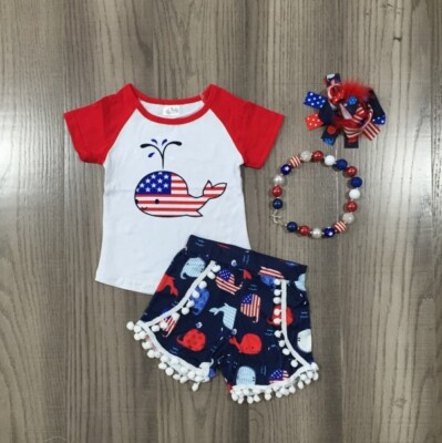 NEW Boutique Patriotic Whale Girls 4th of July Shorts Outfit Set