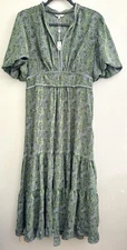 Max Studio Peasant Maxi Dress Boho Paisley Light Olive Green Size L Large NEW