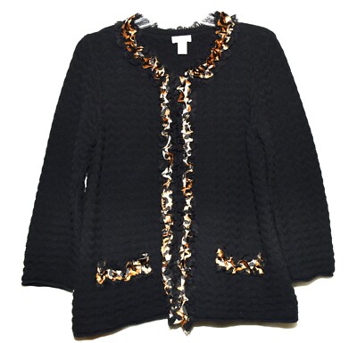 Chicos Size Black Cotton Ruffled Leopard Print Trim Cardigan Sweater Size  M