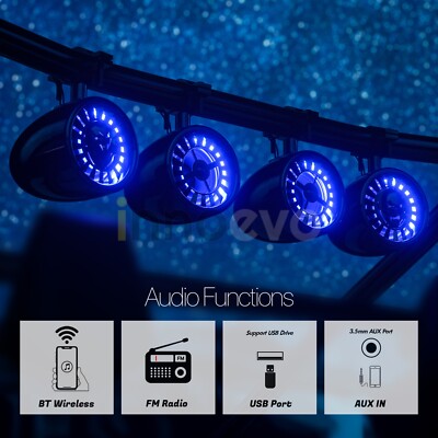 5'' LED Bluetooth Waterproof ATV UTV RZR Stereo 4 Speakers Audio Amp Radio System