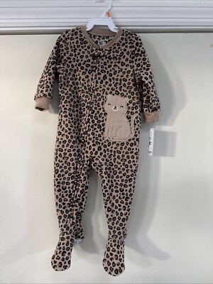 Carter's Girls Brown Leopard Print Zipper Fleece Footed Pajamas NWT 12 Month