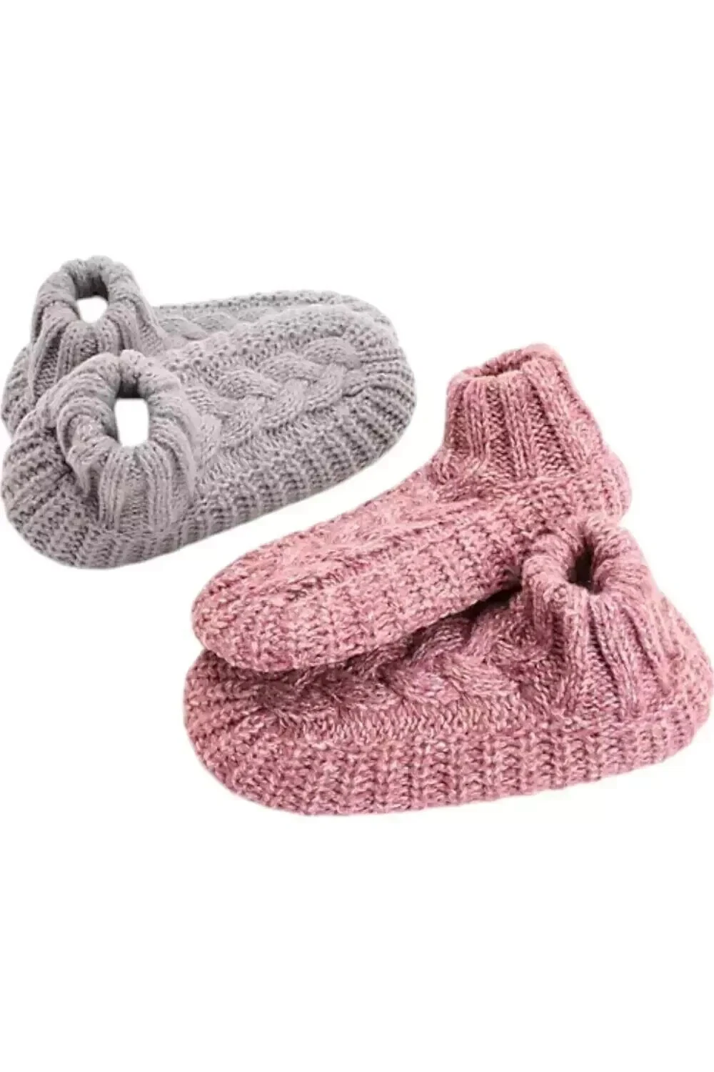 MUK LUKS Set of 2 Aloe Infused Cable Knit Slipper Socks Pink/Grey,S/M A664100