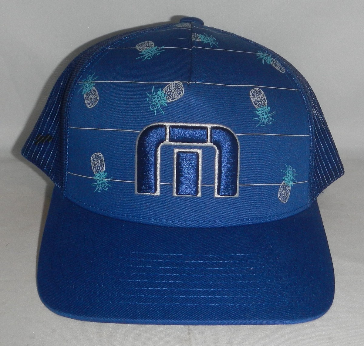NWOT TravisMathew TM Logo Pineapple Blue Mesh Snapback Trucker Baseball Hat  Cap