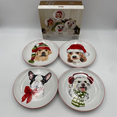 Pier Imports Christmas Puppies Dogs Holiday 8'' Dessert Salad Plates Set  of - Main Image