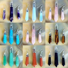 1set Natural Gemstones Hexagonal Pointed Reiki Chakra Pendant Earring Jewelry